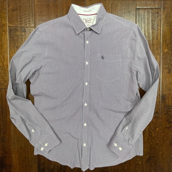 Mens long sleeve red, white, blue small plaid button down by Penguin size large - Picture 1 of 6